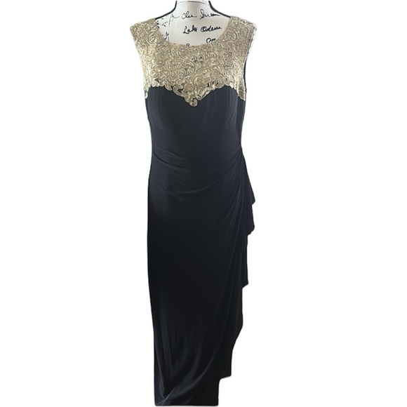 SLNY Black Gold Sleeveless Illusion Gown Front Slit Formal Dress - Picture 2 of 7